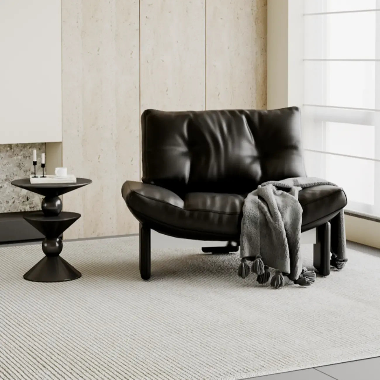 Fauteuil d'appoint contemporain en chenille noire capitonnée sans accoudoirs
