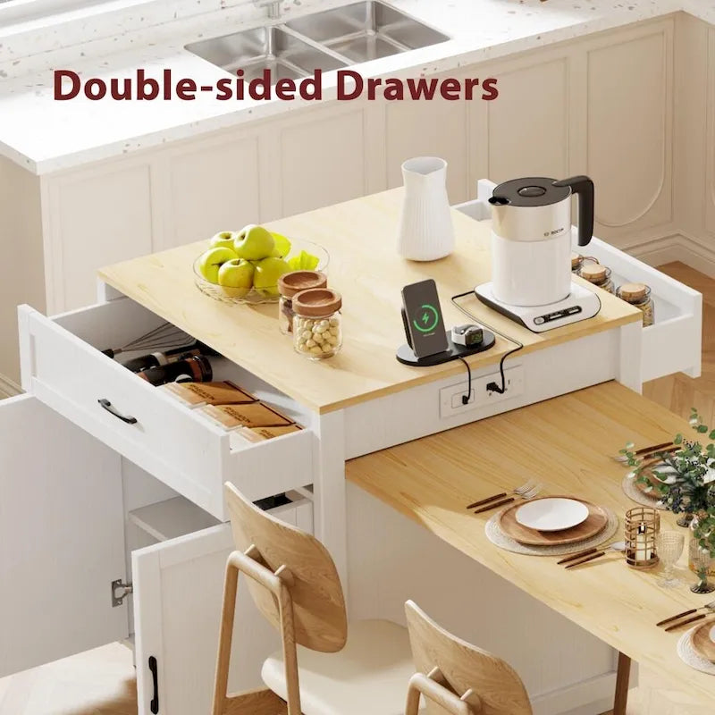 Îlot de cuisine en bois de 210 cm pour 4 à 6 personnes avec table à manger extensible et rangement double.