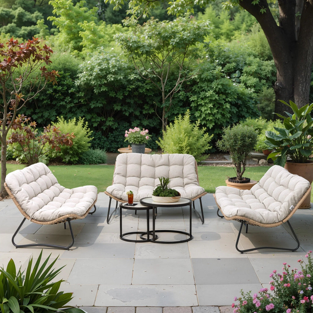Causeuse double Papasan avec coussin, rotin PE tout temps et cadre en métal pour l'intérieur et l'extérieur