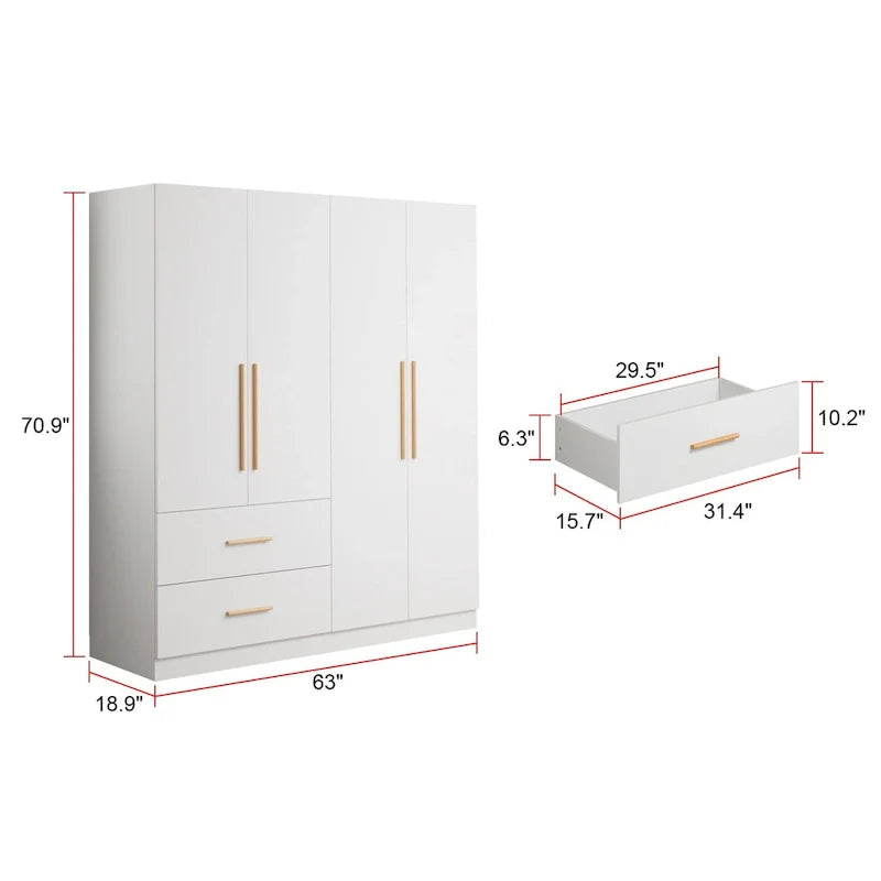 Armoire penderie autoportante de 63 pouces de large avec tiroirs