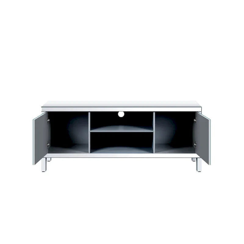 Meuble TV de 150 cm avec portes miroir en losange et rangement pour téléviseurs jusqu'à 65 pouces