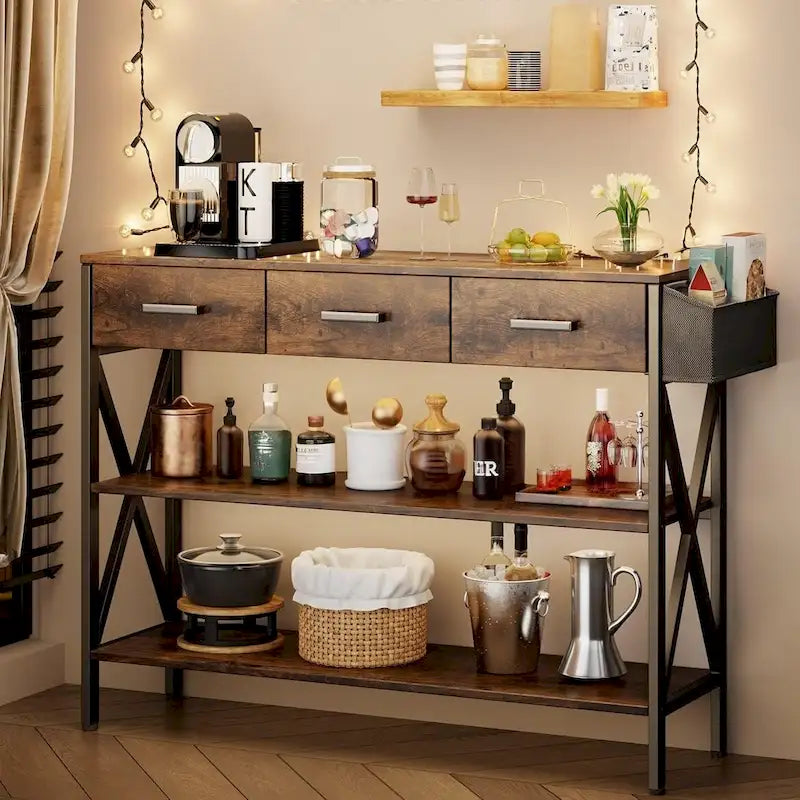 Console avec 3 tiroirs, table de canapé d'entrée avec 3 étagères de rangement