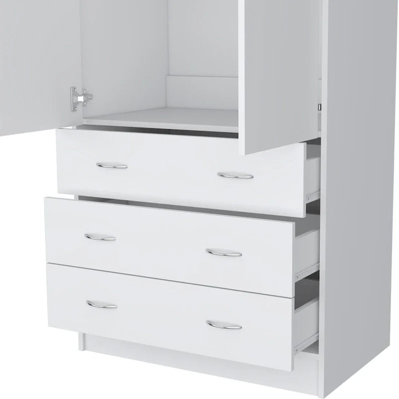 19 Armoire moderne à deux portes avec 3 tiroirs et 1 tringle de penderie pour chambre à coucher