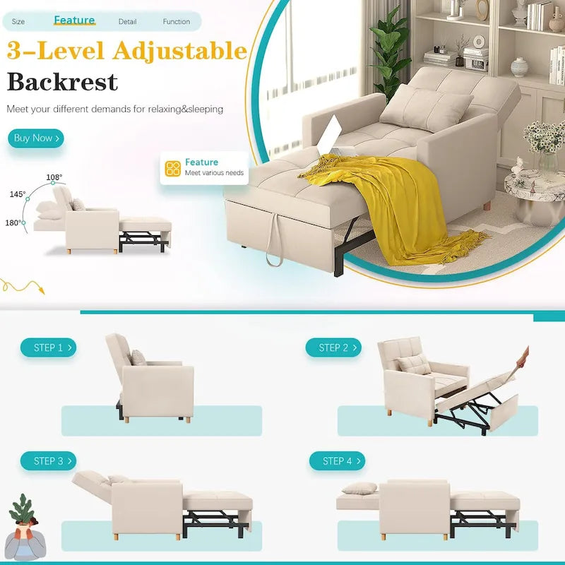 AECOJOY Fauteuil Convertible 3-en-1 avec Oreiller et Dossier Réglable