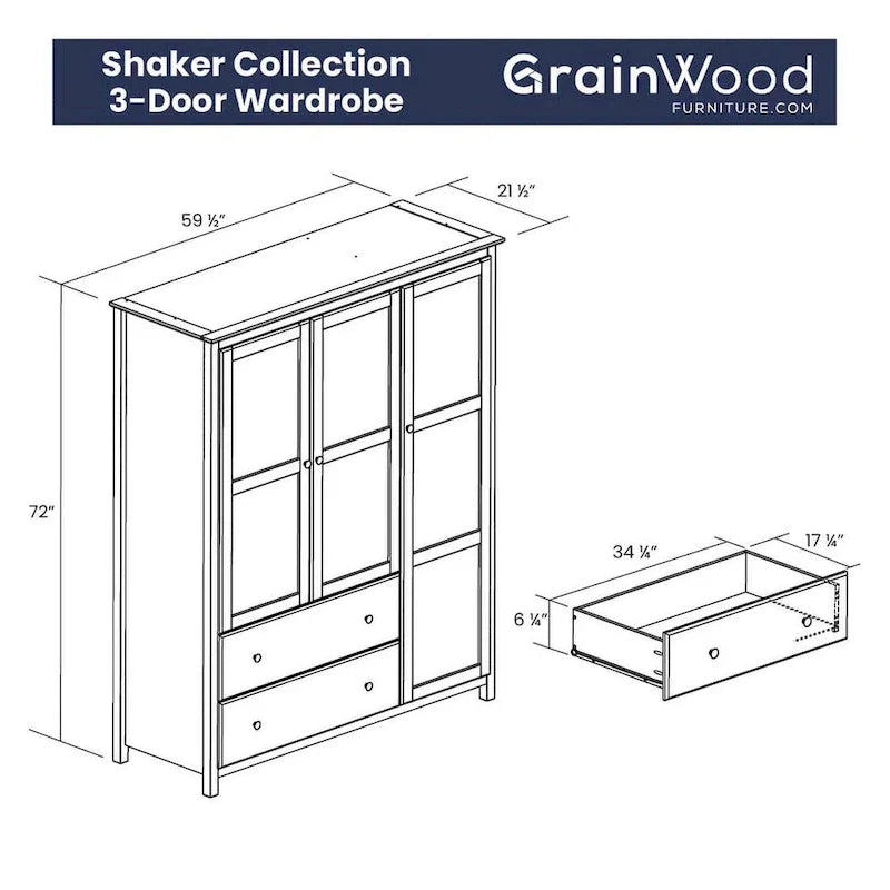 Grain Wood Furniture Armoire Shaker en bois à 3 portes - 60x72x22