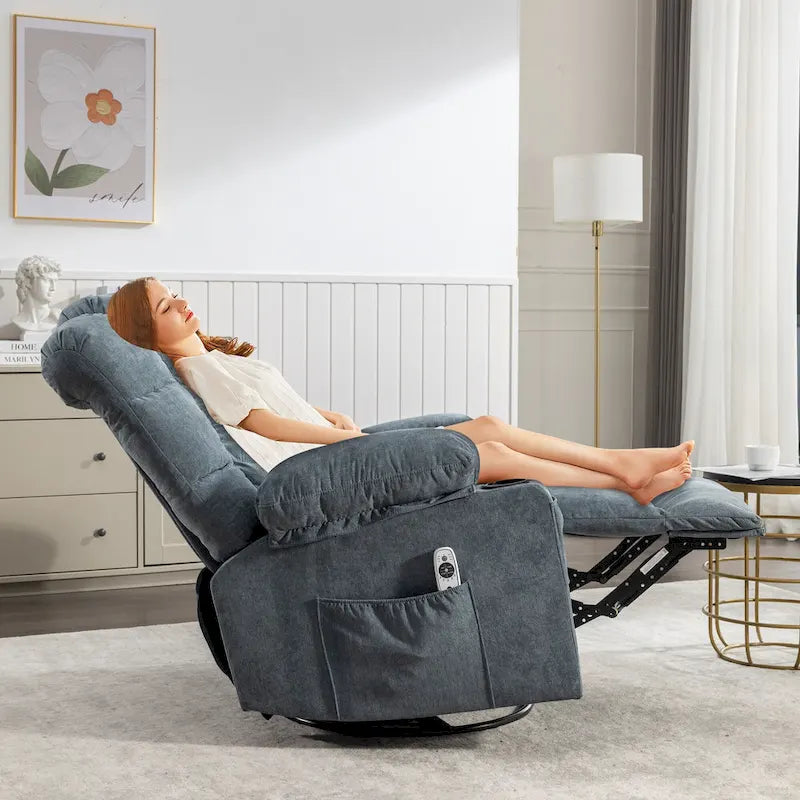 Fauteuil inclinable gris surdimensionné avec fonctions de chauffage et de massage, inclinaison à 150°, bascule à 30°, port USB pour la recharge et 2 porte-gobelets