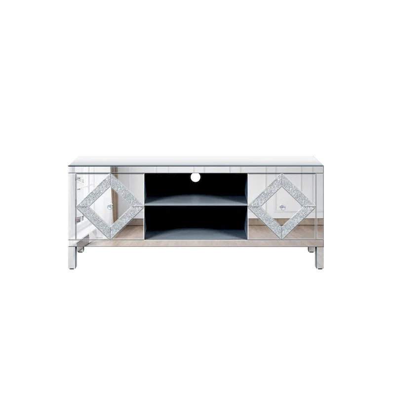 Meuble TV de 150 cm avec portes miroir en losange et rangement pour téléviseurs jusqu'à 65 pouces