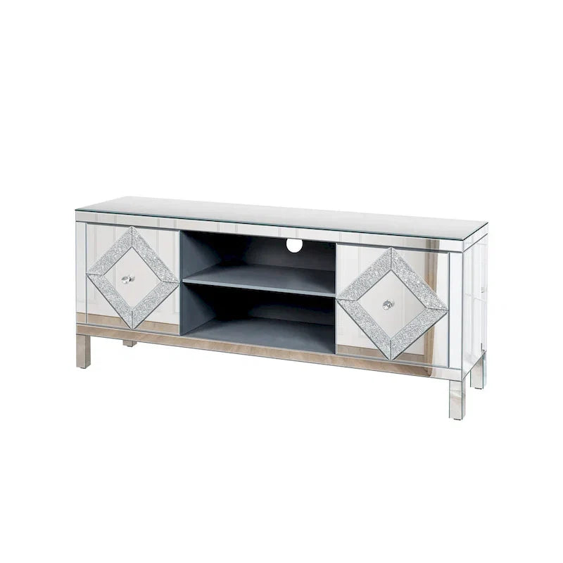 Meuble TV de 150 cm avec portes miroir en losange et rangement pour téléviseurs jusqu'à 65 pouces