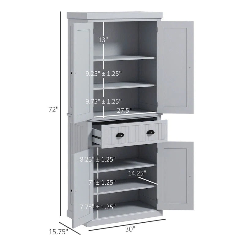 Meuble de rangement de cuisine autoportant traditionnel de 72 pouces avec 4 portes et 3 étagères réglables, grand tiroir central