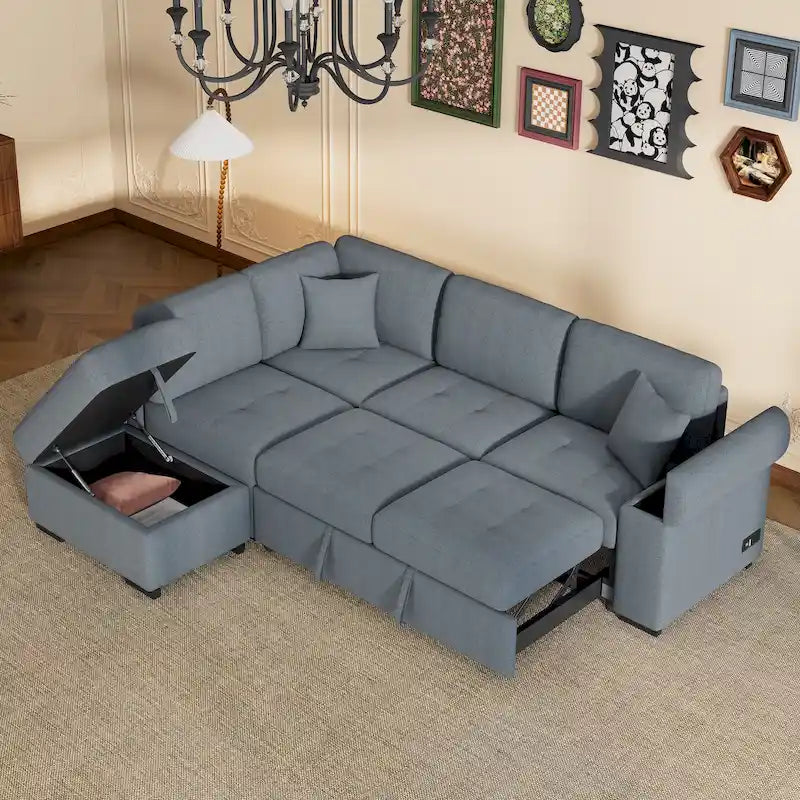 Canapé d'angle convertible 5 places en L 84,75 po avec pouf de rangement, rangement de bras dissimulé et chargement USB pour salon