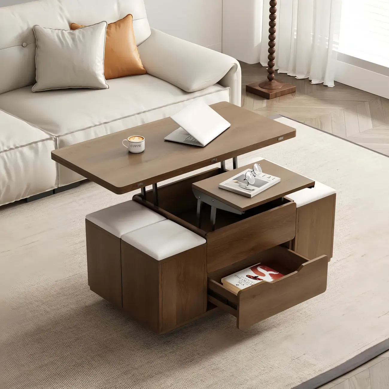 Table basse relevable pliable avec 4 tabourets et rangement