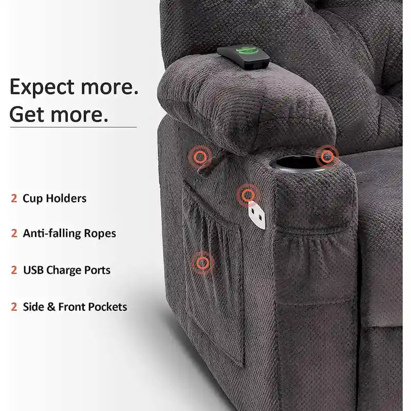 Fauteuil inclinable, pivotant et coulissant électrique avec porte-gobelets et ports USB, en tissu, une place