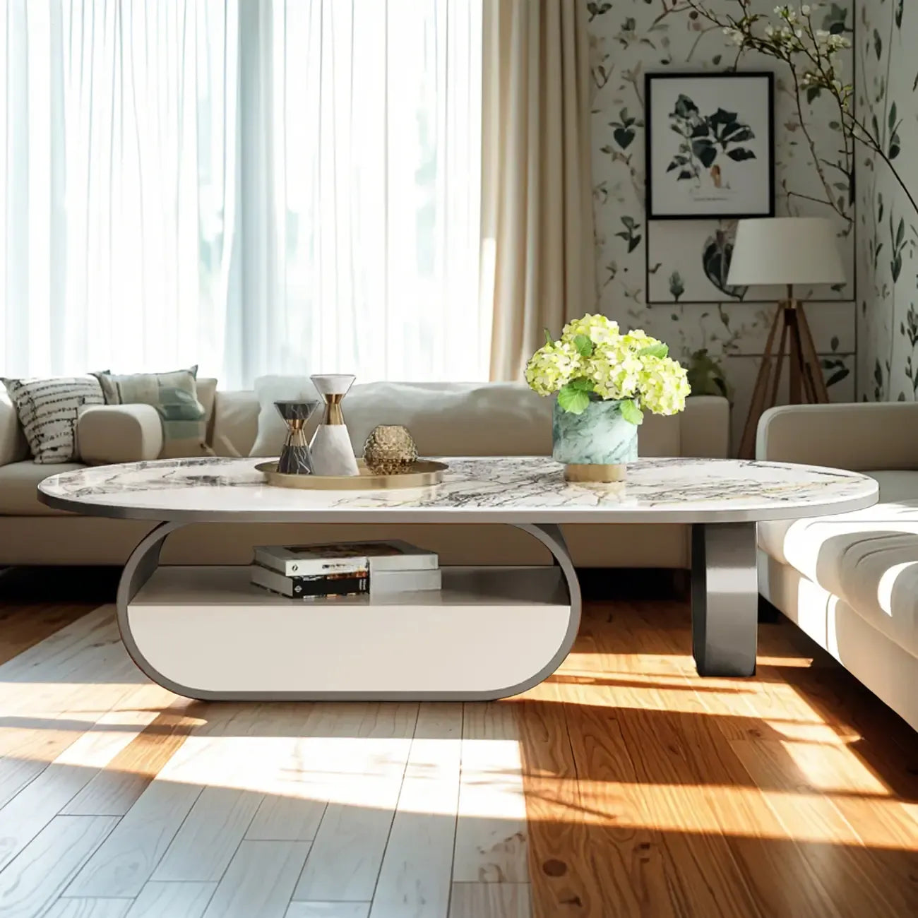 Table basse ovale contemporaine unique avec plateau en marbre et tiroir