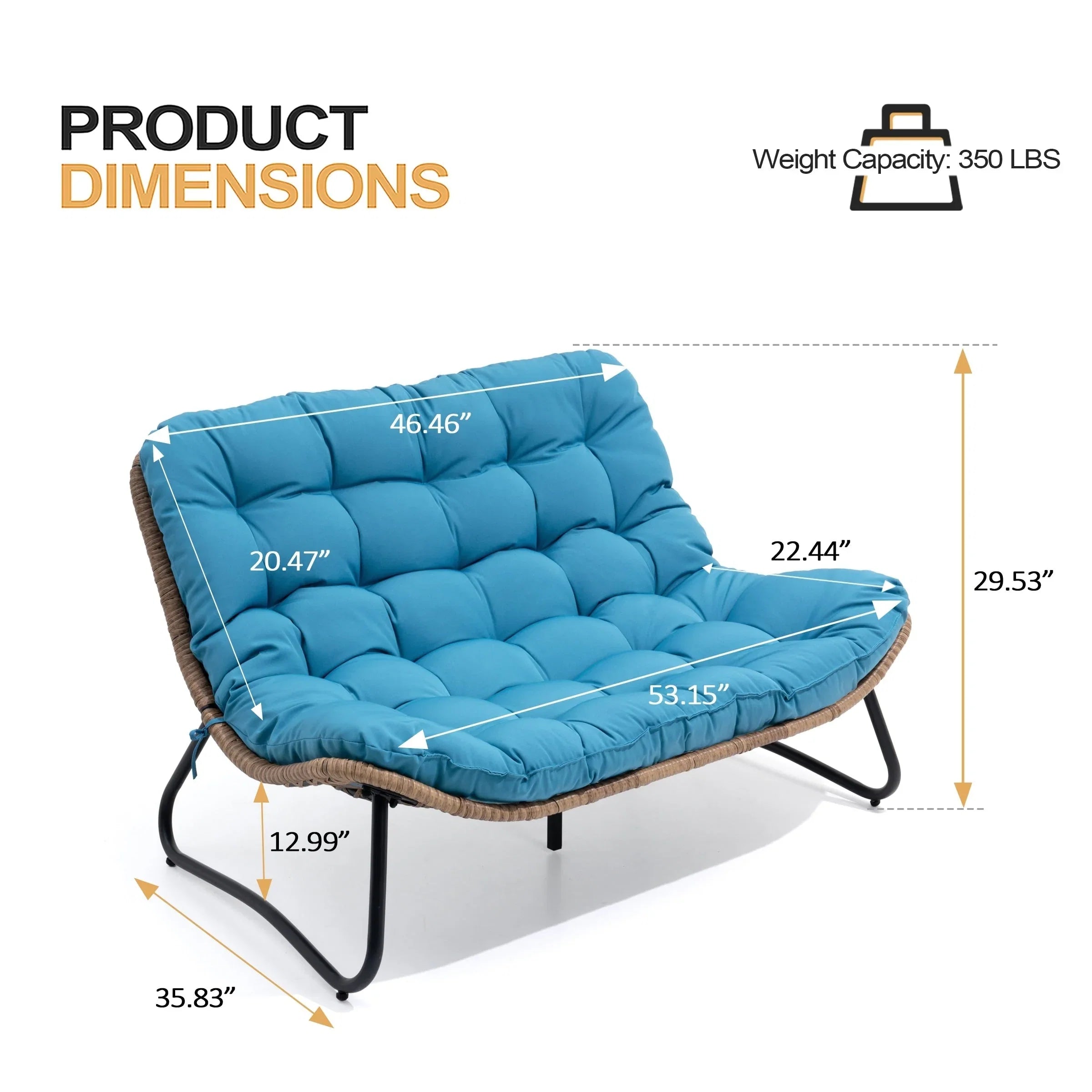 Causeuse double Papasan avec coussin, rotin PE tout temps et cadre en métal pour l'intérieur et l'extérieur