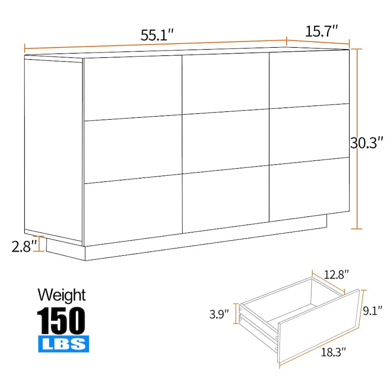 Commode à 9 tiroirs Tour de rangement pour chambre à coucher avec lumière