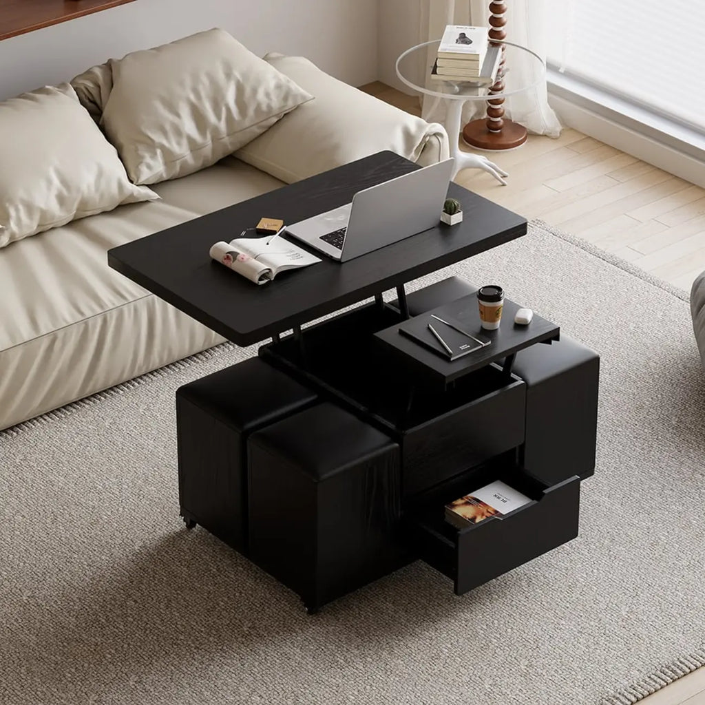 Table basse relevable pliable avec 4 tabourets et rangement