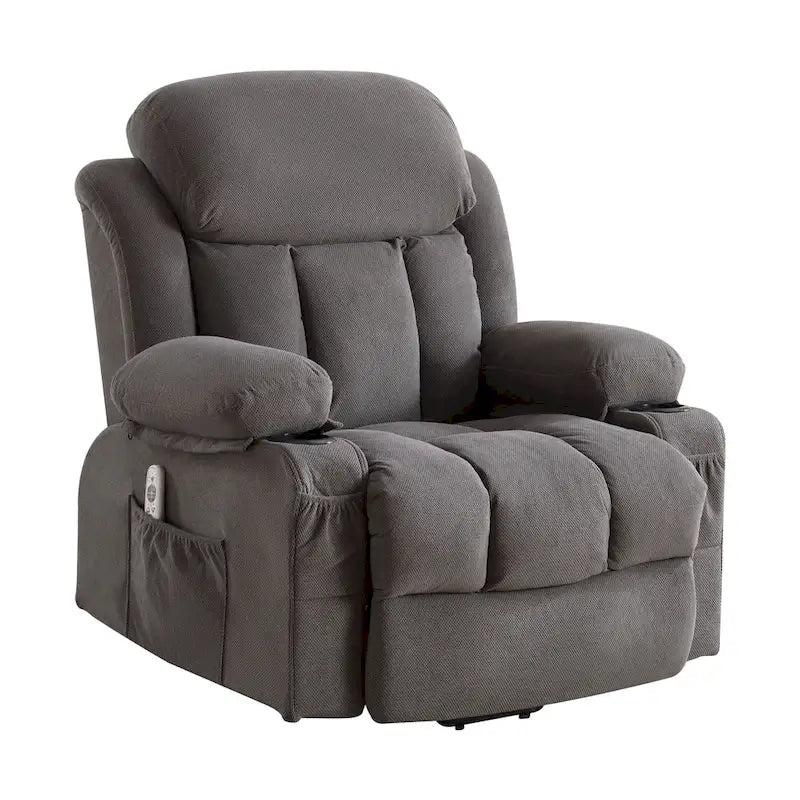 Fauteuil inclinable électrique gris avec massage chauffant, chargement USB, télécommande et poches latérales pratiques pour les personnes âgées