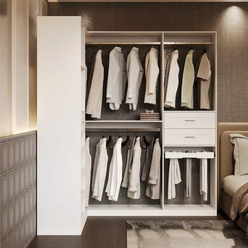 Armoire d'angle avec 2 tringles, un porte-pantalons et un rangement à chaussures