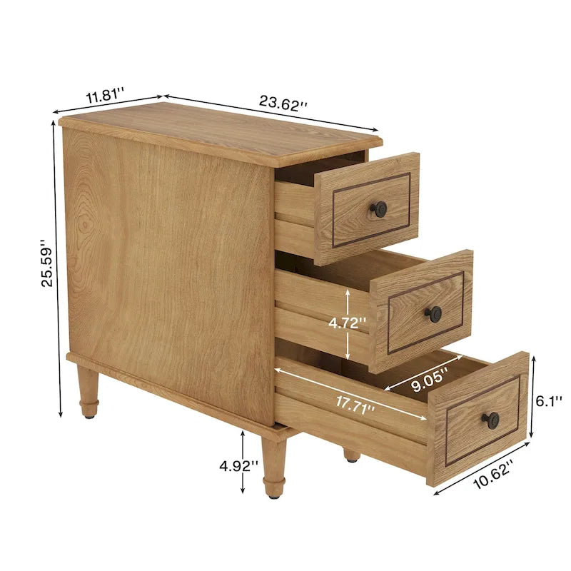 Table d'appoint étroite entièrement assemblée, table d'appoint en bois massif avec 3 tiroirs, table de chevet vintage mince pour petits espaces