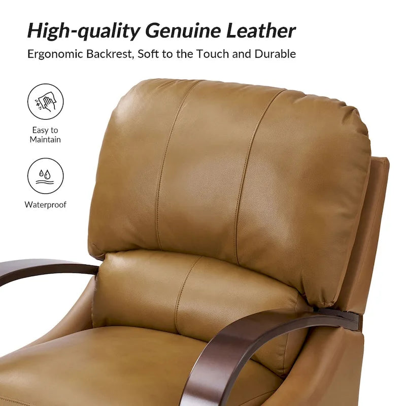 Fauteuil inclinable manuel Alex Mid-century Modern Cigar en cuir véritable avec accoudoirs incurvés en bois