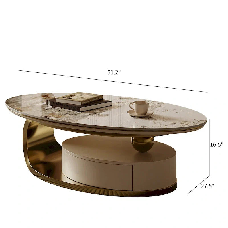 Table basse ovale moderne Pandora 51 avec plateau en pierre frittée brillante, table basse de luxe, pieds en acier inoxydable pour salon