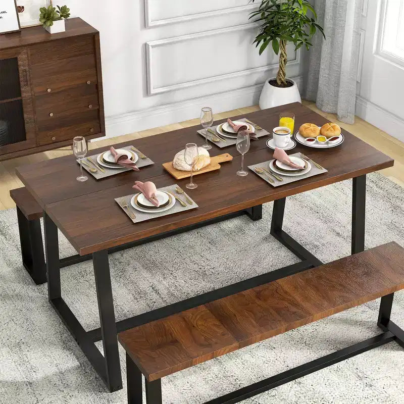 63 Large Dining Table for 4-6 People with Heavy-duty Metal Frame Modern Black/Coffee