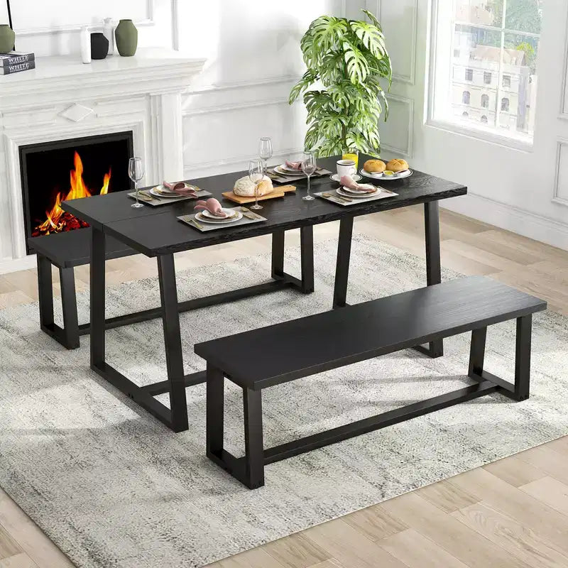 63 Large Dining Table for 4-6 People with Heavy-duty Metal Frame Modern Black/Coffee