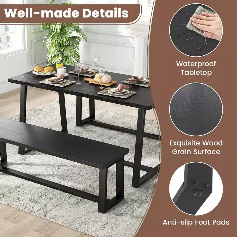 63 Large Dining Table for 4-6 People with Heavy-duty Metal Frame Modern Black/Coffee