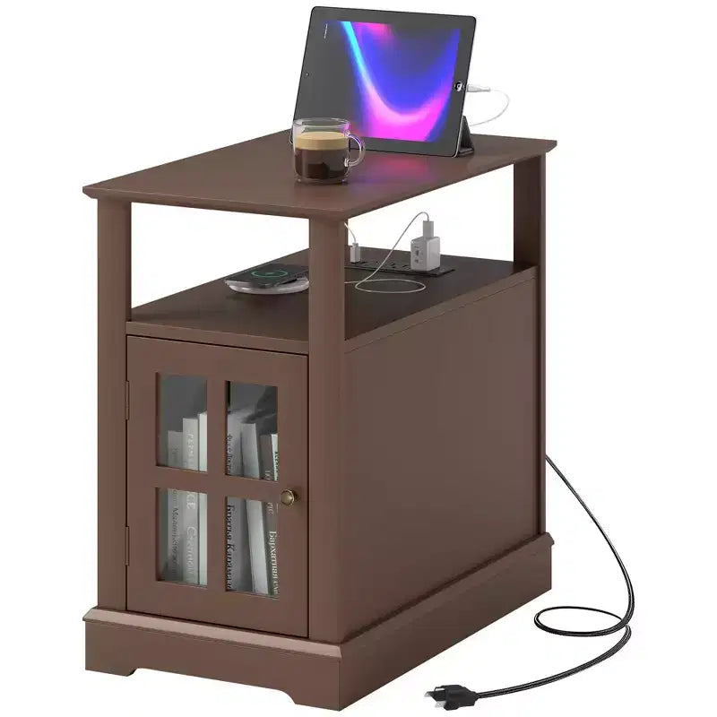 Side Table with Charging Station, Narrow End Table with USB Ports and Outlets, Hidden Storage and Open Shelf for Living Room