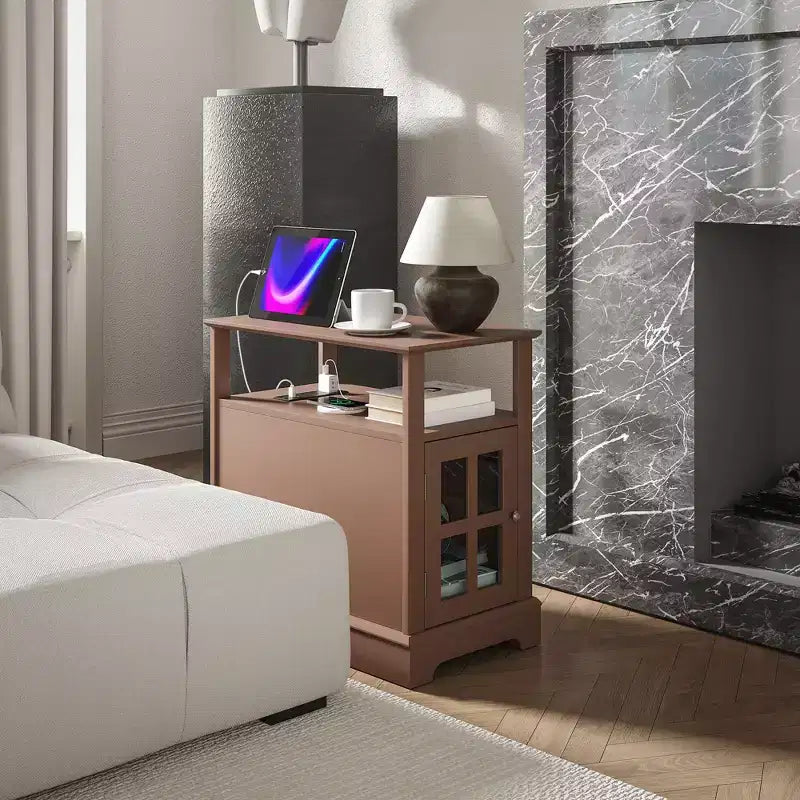 Side Table with Charging Station, Narrow End Table with USB Ports and Outlets, Hidden Storage and Open Shelf for Living Room