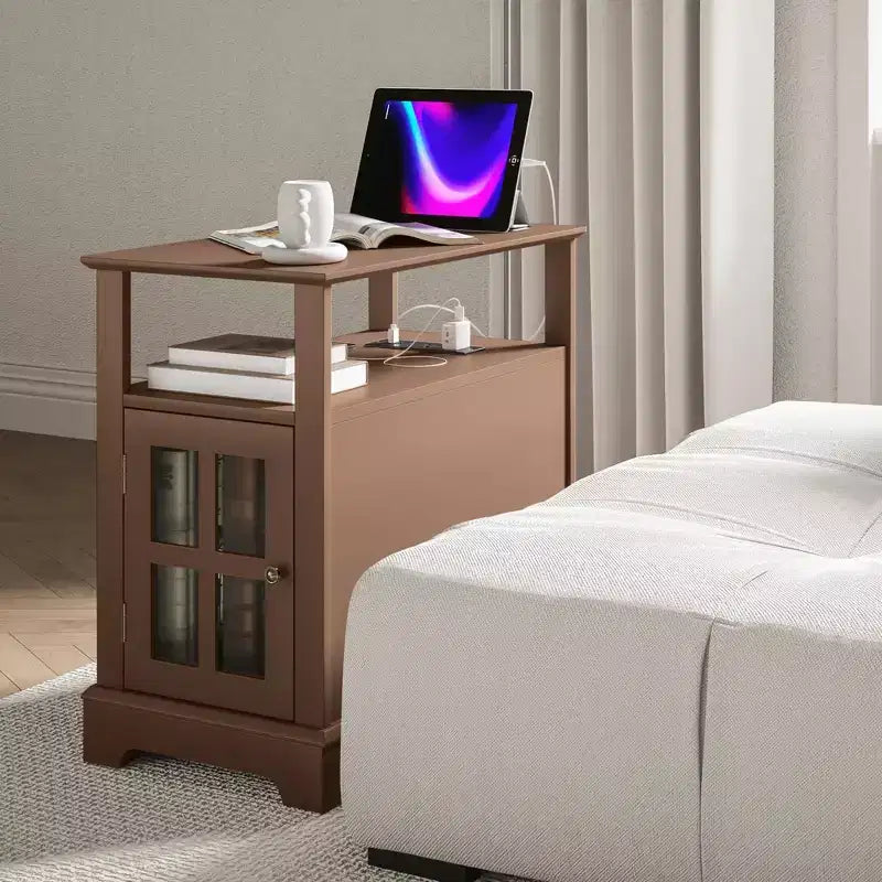 Side Table with Charging Station, Narrow End Table with USB Ports and Outlets, Hidden Storage and Open Shelf for Living Room