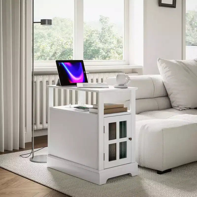 Side Table with Charging Station, Narrow End Table with USB Ports and Outlets, Hidden Storage and Open Shelf for Living Room