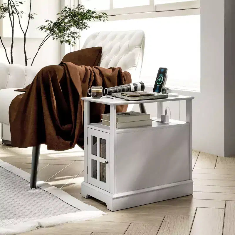 Side Table with Charging Station, Narrow End Table with USB Ports and Outlets, Hidden Storage and Open Shelf for Living Room