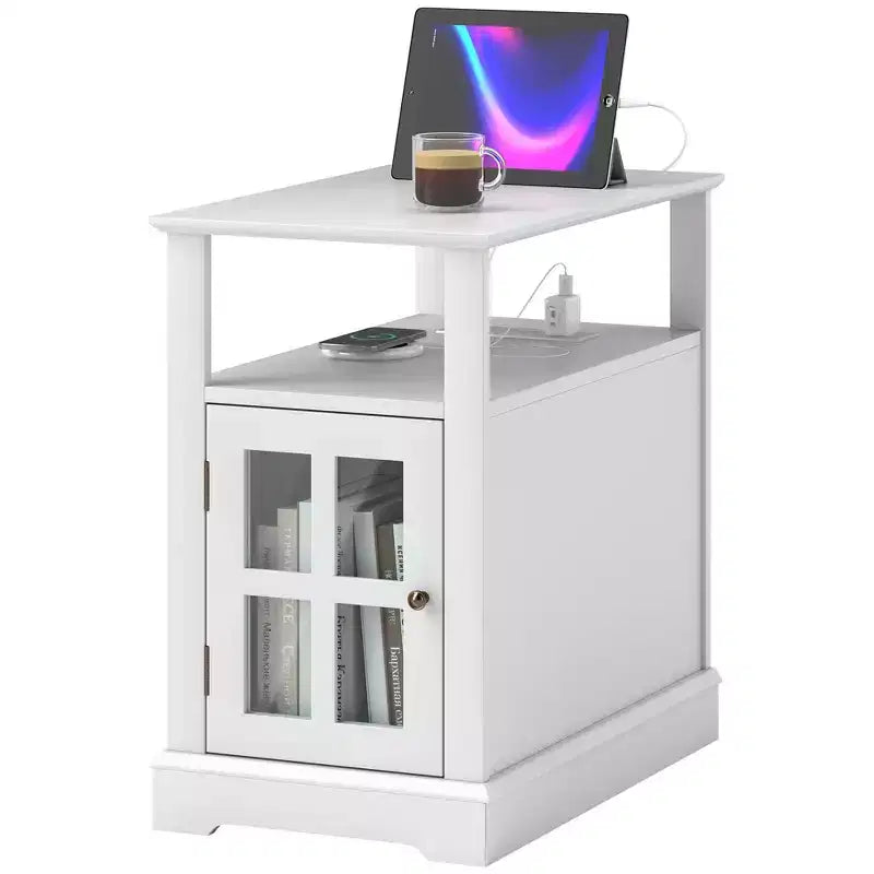 Side Table with Charging Station, Narrow End Table with USB Ports and Outlets, Hidden Storage and Open Shelf for Living Room