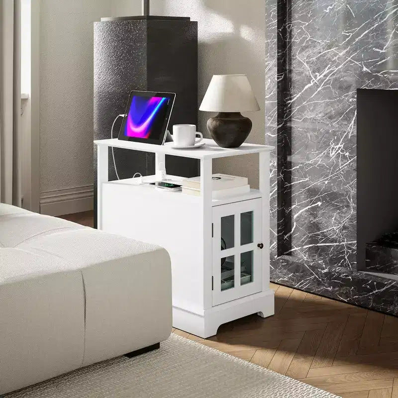 Side Table with Charging Station, Narrow End Table with USB Ports and Outlets, Hidden Storage and Open Shelf for Living Room