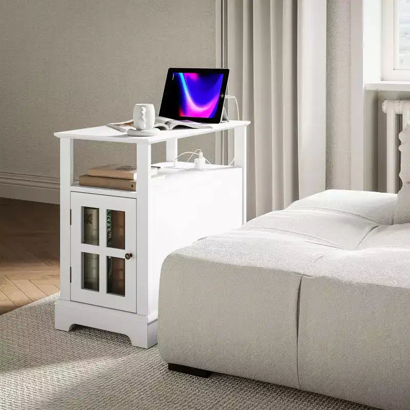 Side Table with Charging Station, Narrow End Table with USB Ports and Outlets, Hidden Storage and Open Shelf for Living Room
