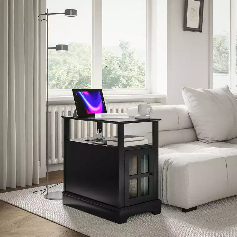 Side Table with Charging Station, Narrow End Table with USB Ports and Outlets, Hidden Storage and Open Shelf for Living Room