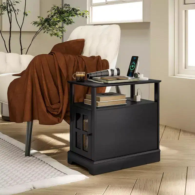 Side Table with Charging Station, Narrow End Table with USB Ports and Outlets, Hidden Storage and Open Shelf for Living Room