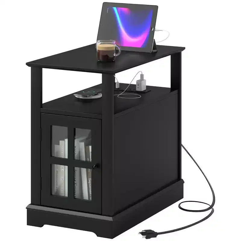 Side Table with Charging Station, Narrow End Table with USB Ports and Outlets, Hidden Storage and Open Shelf for Living Room