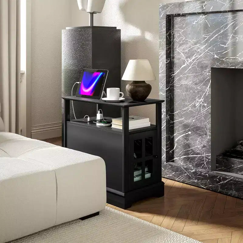 Side Table with Charging Station, Narrow End Table with USB Ports and Outlets, Hidden Storage and Open Shelf for Living Room