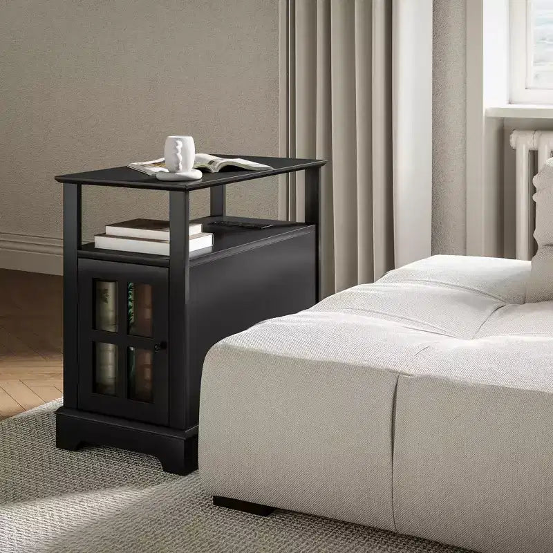 Side Table with Charging Station, Narrow End Table with USB Ports and Outlets, Hidden Storage and Open Shelf for Living Room