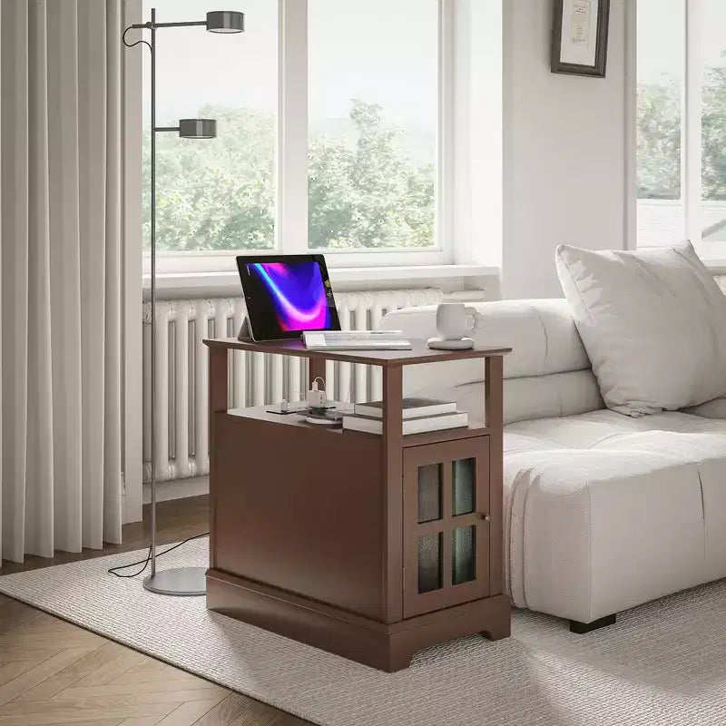 Side Table with Charging Station, Narrow End Table with USB Ports and Outlets, Hidden Storage and Open Shelf for Living Room