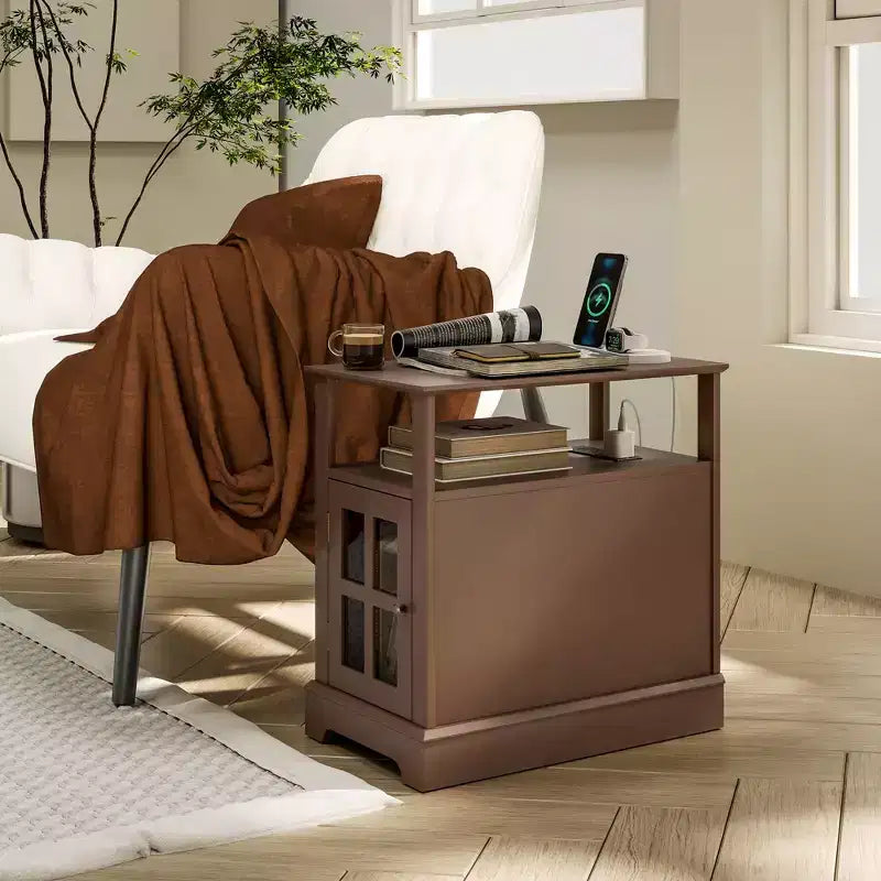 Side Table with Charging Station, Narrow End Table with USB Ports and Outlets, Hidden Storage and Open Shelf for Living Room