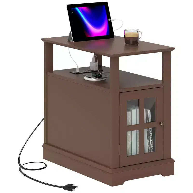 Side Table with Charging Station, Narrow End Table with USB Ports and Outlets, Hidden Storage and Open Shelf for Living Room