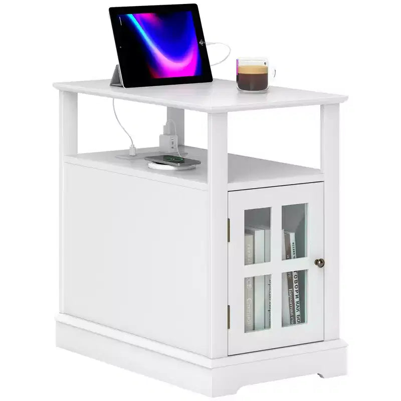 Side Table with Charging Station, Narrow End Table with USB Ports and Outlets, Hidden Storage and Open Shelf for Living Room