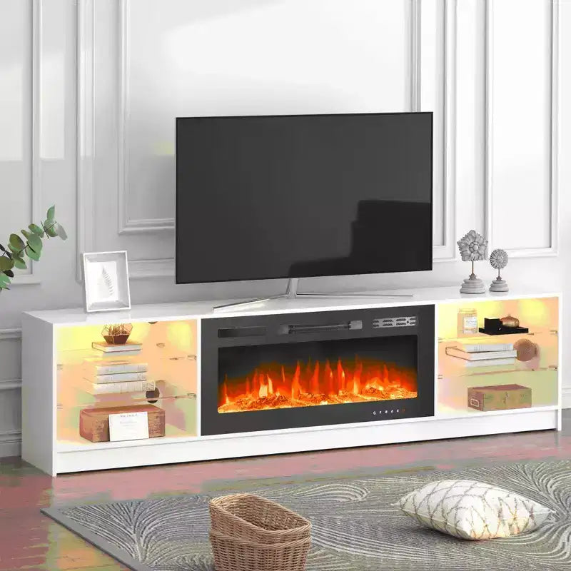 Erommy Fireplace TV Stand with 40 Electric Fireplace, Entertainment Center with Adjustable Glass Shelves, TV Console for TVs up to 79