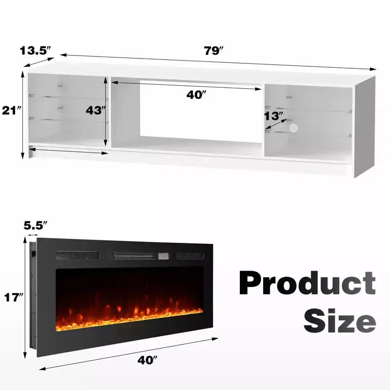 Erommy Fireplace TV Stand with 40 Electric Fireplace, Entertainment Center with Adjustable Glass Shelves, TV Console for TVs up to 79