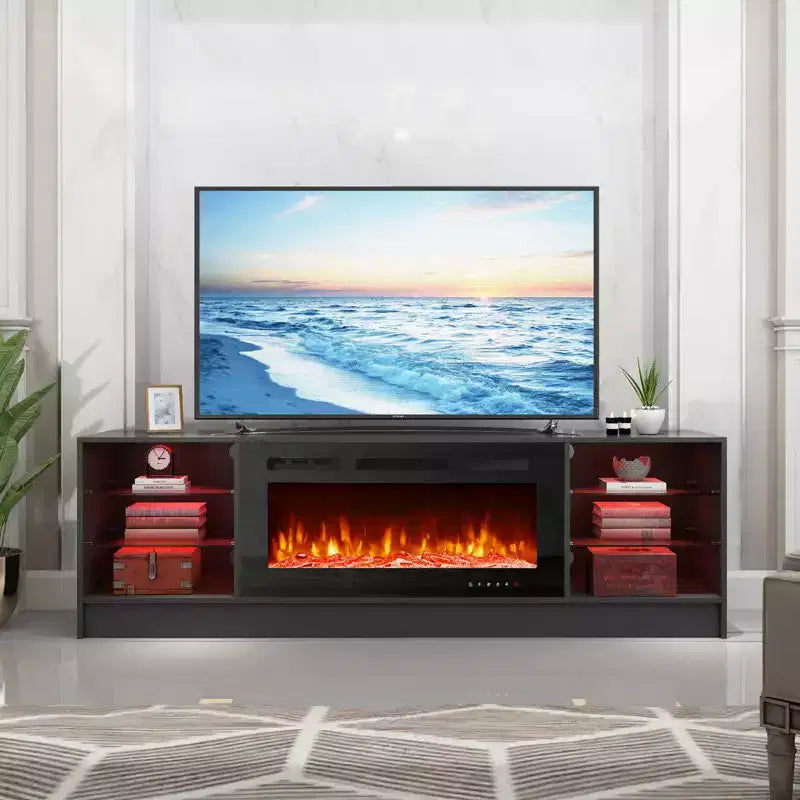 Erommy Fireplace TV Stand with 40 Electric Fireplace, Entertainment Center with Adjustable Glass Shelves, TV Console for TVs up to 79