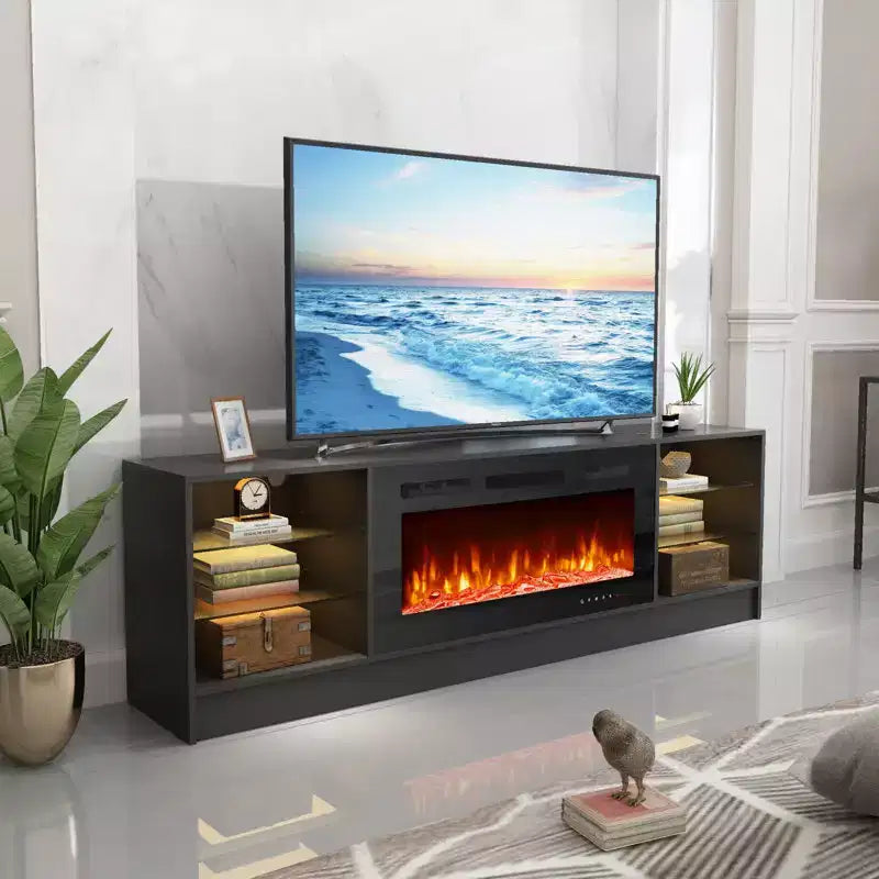 Erommy Fireplace TV Stand with 40 Electric Fireplace, Entertainment Center with Adjustable Glass Shelves, TV Console for TVs up to 79