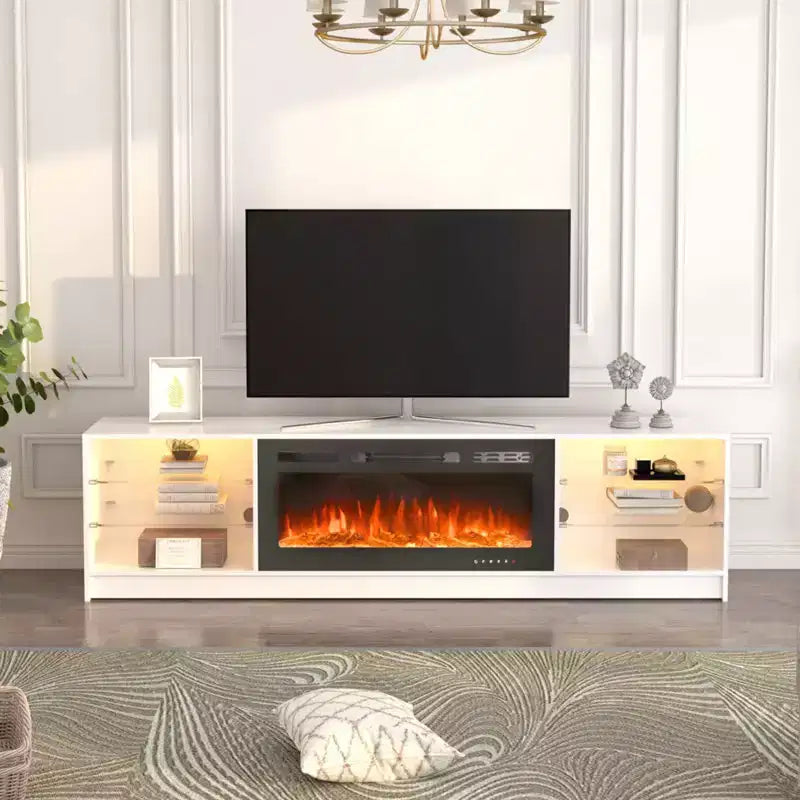 Erommy Fireplace TV Stand with 40 Electric Fireplace, Entertainment Center with Adjustable Glass Shelves, TV Console for TVs up to 79